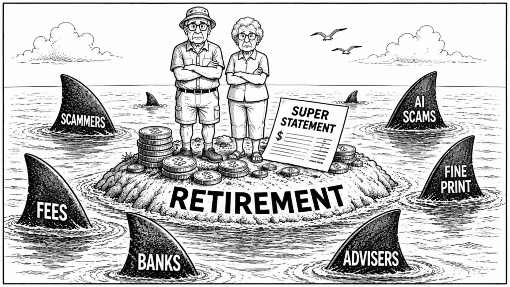 cartoon of retired couple on island surrounded by sharks
